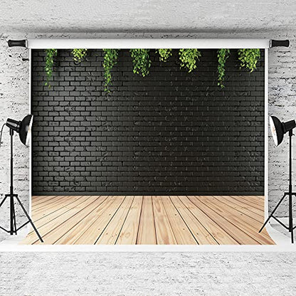 8x8ft Clean Black Brick Wall with Wood Floor Photography Backdrop for Portrait, Green Background, Vinyl Material for Birthdays, Parties, Weddings, Graduations DH-94 - size: 8X8FT