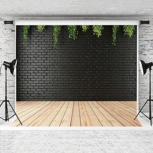 10X10ft Clean Black Brick Wall with Wood Floor Photography Backdrop for Portrait, Green Background, Vinyl Material for Birthdays, Parties, Weddings, Graduations DH-94 - size: 10X10FT