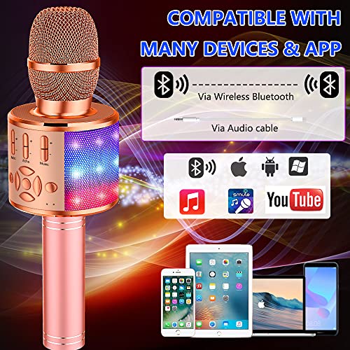 Amazmic Kids Karaoke Microphone Machine Toy Bluetooth Microphone Portable Wireless Karaoke Machine Handheld with LED Lights, Gift for Children Adults Birthday Party, Home KTV(Champagne) - color: Rose Gold Plus