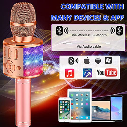 Amazmic Kids Karaoke Microphone Machine Toy Bluetooth Microphone Portable Wireless Karaoke Machine Handheld with LED Lights, Gift for Children Adults Birthday Party, Home KTV(Champagne) - color: Rose Gold Plus