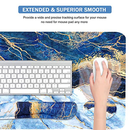 Ergonomic Large Mouse Pad and Keyboard Wrist Rest, Desk Pad for Keyboard and Mouse, 4-in-1 Large Gaming Mouse Pad with Wrist Support - Light Blue - color: Blue Gold Marble