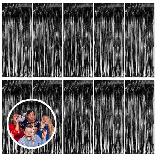 BOMSI 10 Pack Black Party Streamers Backdrop Tinsel Foil Fringe Curtains Halloween Birthday Party Decorations Graduation Wizard Party Supplies - color: Black, size: 39.4"w X 78.7"l (Pack of 10)