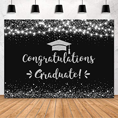 MEHOFOND 7x5ft Black and Silver Graduation Backdrop Class of 2026 Graduation Party Decorations Congratulation Graduate Backdrop 2025 Congrats Grad Banner Prom Party Decoration Photo Booth Props - color: Black and Silver, size: 7x5ft