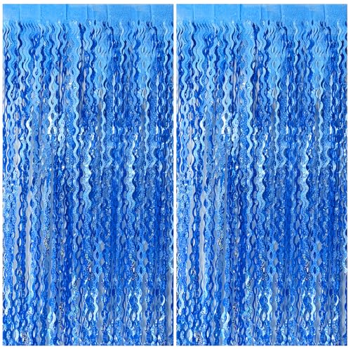 Blue Backdrop Wavy Tinsel Foil Fringe Curtains for Parties Sparkle Metallic Wavy Blue Birthday Decorations for Streamers Party Decorations Photo Booth Props Birthday Ocean Party Decor Supplies - color: Dark Blue, size: 2 Pack