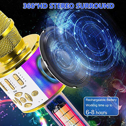 Amazmic Kids Karaoke Microphone Machine Toy Bluetooth Microphone Portable Wireless Karaoke Machine Handheld with LED Lights, Gift for Children Adults Birthday Party, Home KTV(Gold) - color: Gold