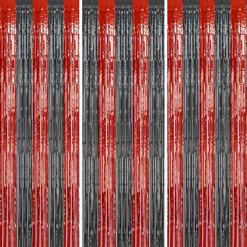 DECOCKRAT 3 Pack Foil Fringe Backdrop - Red&Black Shiny Tinsel Curtains for Party Decoration/Photo Booth Props - 3.3x8.2 FT Metallic Foil Backdrop for Birthday, Wedding, Graduation, Christmas. - color: Red&Black