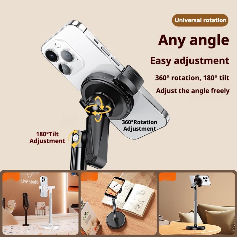 Height Adjustable Phone Stand for Desk, Retractable Desktop Phone Holder, 180° Flip & 360° Rotation Design，Compatible with iPhone/Android Devices,Ideal for Live Streaming and Video Recording (White)
