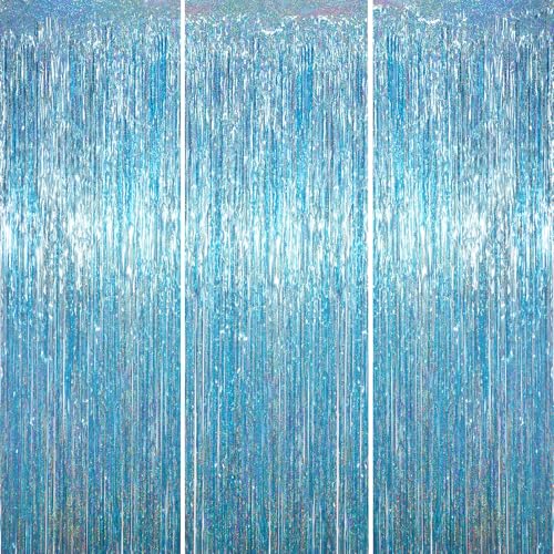 Voircoloria 3.3 x 6.6 ft Foil Fringe Backdrop Curtains, Tinsel Streamers Party Decorations, Fringe Backdrop for Birthday, Baby Shower, Gender Reveal, Graduation (3, Light Blue) - color: Light Blue