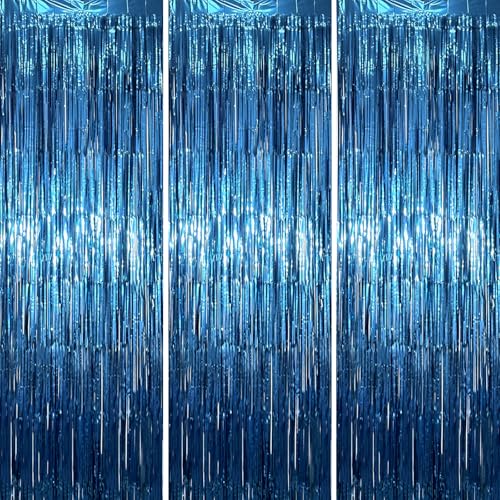 Voircoloria 3.3 x 6.6 ft Foil Fringe Backdrop Curtains, Tinsel Streamers Party Decorations, Fringe Backdrop for Birthday, Baby Shower, Gender Reveal, Graduation (3, Retro Blue) - color: Retro Blue