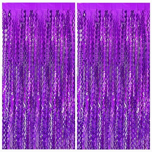 2 Pack Purple Backdrop Tinsel Foil Fringe Curtains Sparkle Metallic Wavy Foil Fringe Backdrop Curtain Photo Booth Props for Halloween Party Decorations Birthday Graduation Bachelorette - color: Purple, size: 2 Pack