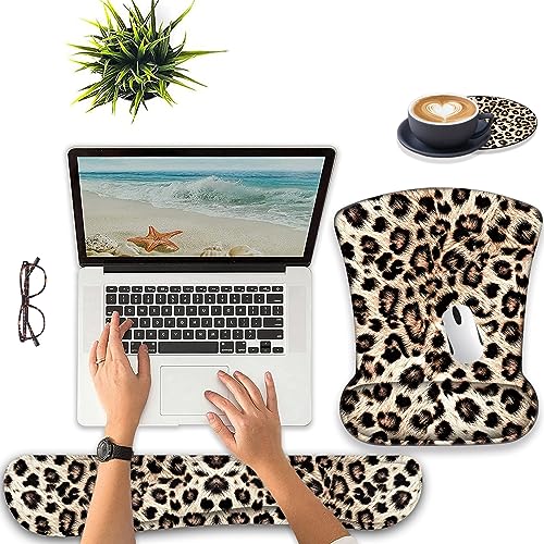 Keyboard Wrist Support + Wrist Coaster Combination, Non-Slip PU Base, with Gel Memory Mousepad, Suitable for Gaming, Office Pain Relief Set - Leopard Print Pattern - color: Leopard Print Pattern
