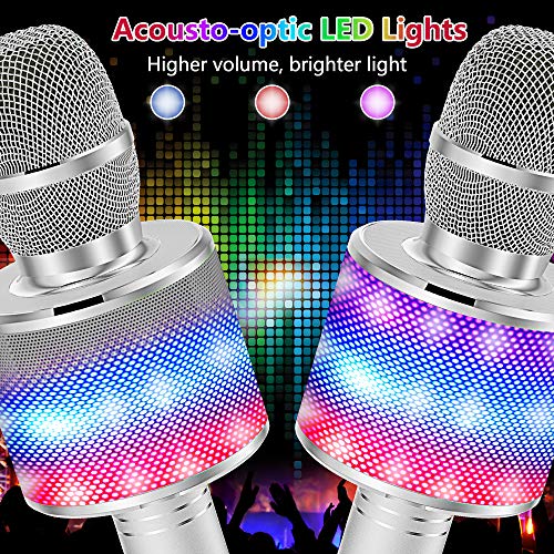 Amazmic Kids Karaoke Microphone Machine Toy Bluetooth Microphone Portable Wireless Karaoke Machine Handheld with LED Lights, Gift for Children Adults Birthday Party, Home KTV(Silver) - color: Silver