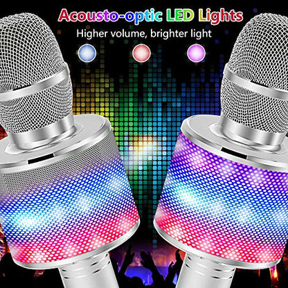 Amazmic Kids Karaoke Microphone Machine Toy Bluetooth Microphone Portable Wireless Karaoke Machine Handheld with LED Lights, Gift for Children Adults Birthday Party, Home KTV(Silver) - color: Silver