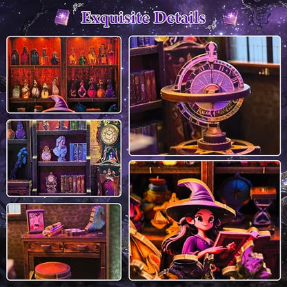 Book Nook Kit – DIY Miniature House Dollhouse for Adults & Teens, 3D Wooden Puzzle Tiny House Bookshelf Insert with LED Lights, Booknook Library Decor Gift for Family & Friends - style: Magic Shop