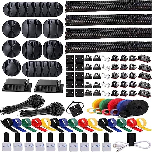 ELII 300PCS Cable Management Kit,4 Cable Sleeve 35 Cable Clips with 11Cord Holders,20 Roll Cable Organizer Straps and 200 Fastening Cable Ties,20 Cable Zip Tie Mounts for Computer TV Under Desk - color: Black