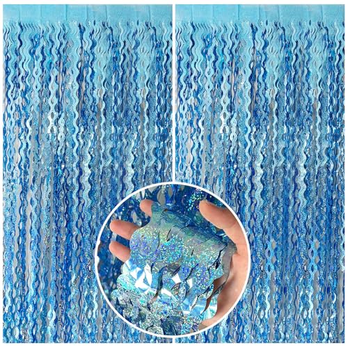 Tinsel Foil Fringe Curtains Wavy Backdrop for Parties Sparkle Metallic Wavy Foil Fringe Backdrop Curtain for Party Decorations Photo Booth Props for Birthday Graduation Wedding - color: Light Blue, size: 2 Pack