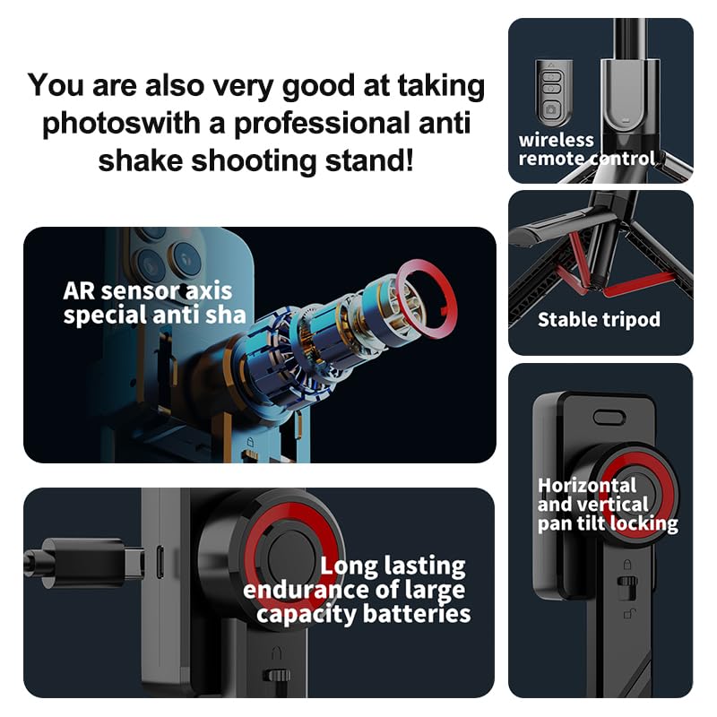 Phone Gimbal Stabilizer for Phone, Selfie Stick & Tripod with Remote Control | One-Touch Horizontal/Vertical Switch & 360 Rotation | Portable Design