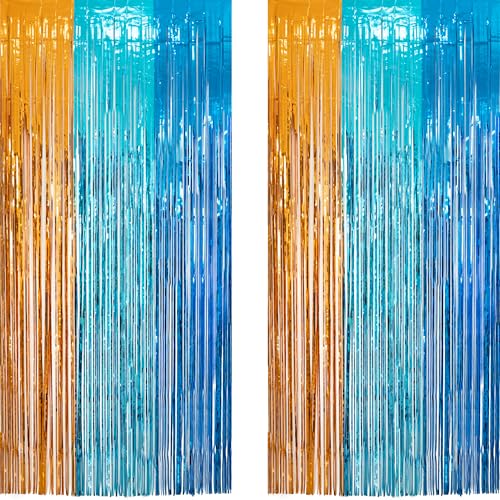 Orange Blue Party Streamers Backdrop - GREATRIL Tinsel Fringe Curtain for Blue Dogs Themed Birthdays Decoration 2 Packs - color: Orange Blue