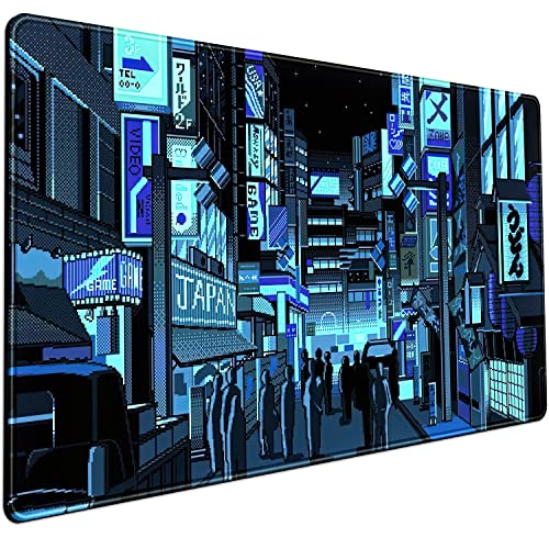 Japanese Gaming Arcade Blue Large Gaming Mouse Pad Keyboard Desk Pad Extended Mouse Pad Gaming Office Decor, Pc Laptop Mouse Pads Large (31.5x15.7 in) with Stitched Eges Non-Slip Base Mousepad XXL - color: Pixel Game Scenery
