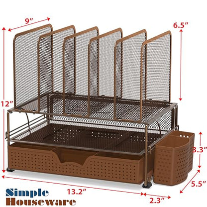Simple Houseware Mesh Desk Organizer with Sliding Drawer, Double Tray and 5 Upright Sections, Copper - color: Copper