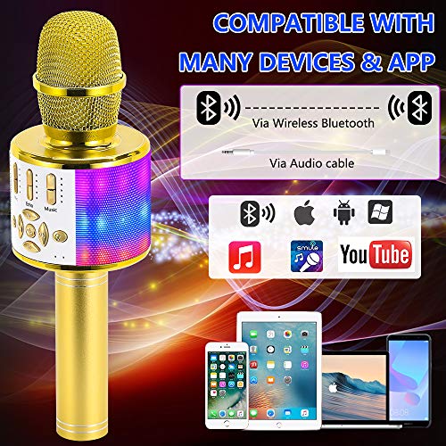 Amazmic Kids Karaoke Microphone Machine Toy Bluetooth Microphone Portable Wireless Karaoke Machine Handheld with LED Lights, Gift for Children Adults Birthday Party, Home KTV(Gold) - color: Gold
