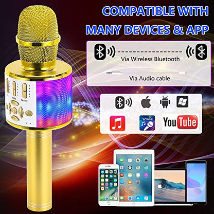 Amazmic Kids Karaoke Microphone Machine Toy Bluetooth Microphone Portable Wireless Karaoke Machine Handheld with LED Lights, Gift for Children Adults Birthday Party, Home KTV(Gold) - color: Gold
