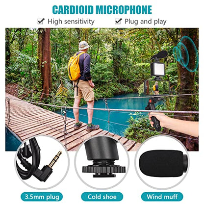 Mini Smartphone Vlog Kit with LED Video Light, Cardioid Microphone, Extendable Phone Clip, Adjustable Brightness Tripod for Live Streaming, Vlogging, Video Conferencing & Selfies