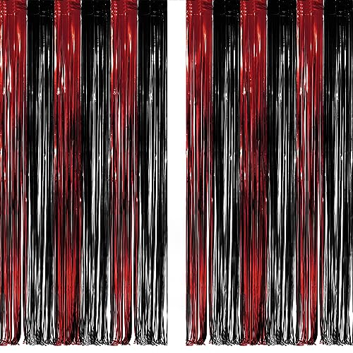 Black Red Party Streamers Backdrop - GREATRIL Foil Fringe Tinsel for Stranger/Friday Party/Halloween Party Decorations - 3.2ft X 8.2ft - 2 Packs - color: Black Red