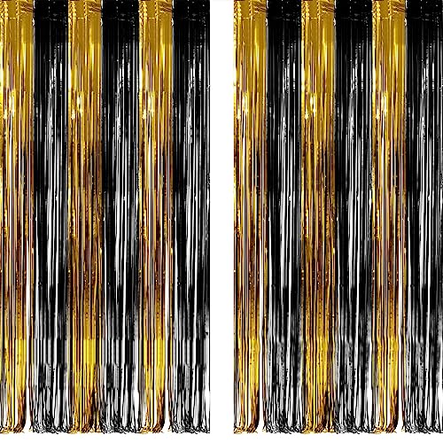 Black and Gold Party Streamers Decoration - GREATRIL Foil Fringe Backdrop for 2026 NYE/Anniversary/Farewell/Cocktail/Prom/EID/Birthdays - 3.2ft X 8.2ft - 2 Packs - color: Black Gold