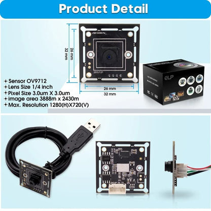 ELP USB Camera Module Super Mini 720p Wide Angle with 100degree M7 Lens Megapixel HD OV9712 Embedded Webcam Board for Computer USB2.0 UVC Video PC Opencv Camera Module,with 3.3ft/1m Cable for Laptop