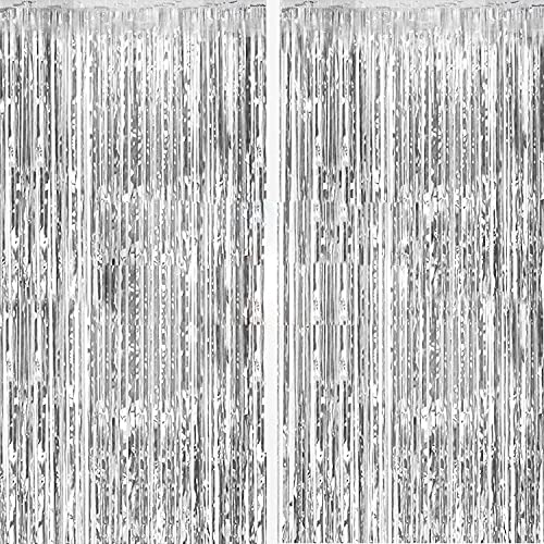 2 Pack Silver Foil Curtain Party Streamers Metallic Tinsel Foil Fringe Photo Booth Backdrop for Birthday Wedding Engagement Baby Shower Bachelorette Christmas Holiday Celebration Party Decorations - color: Silver, size: 2 Pcs