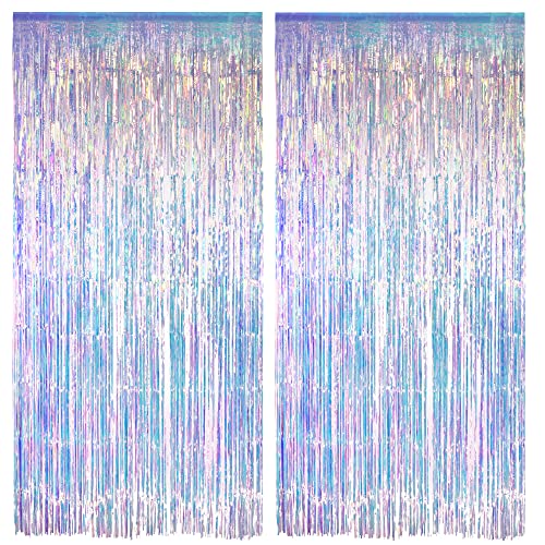 Iridescent Party Streamers Backdrop - GREATRIL Neon Transparent Holographic Tinsel Foil Fringe Curtain for Mermaid/Frozen/Sea/Euphoria/ERAS Party Theme Decorations 3.2ft x 6.5ft 2 PCS - color: Iridescent
