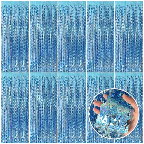 Tinsel Foil Fringe Curtains Wavy Backdrop for Parties Sparkle Metallic Wavy Foil Fringe Backdrop Curtain for Party Decorations Photo Booth Props for Birthday Graduation Wedding - color: Light Blue, size: 10 Pack