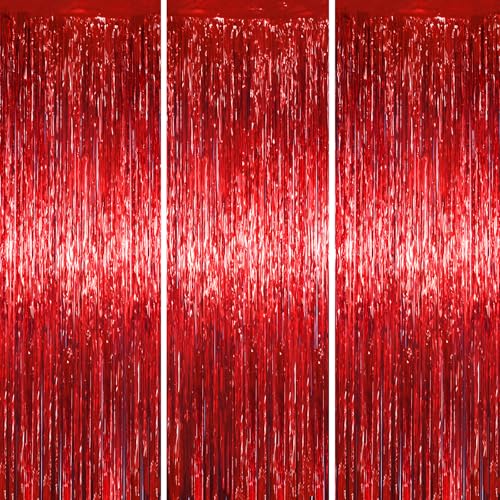 Voircoloria 3.3 x 6.6 ft Foil Fringe Backdrop Curtains, Tinsel Streamers Party Decorations, Fringe Backdrop for Birthday, Baby Shower, Gender Reveal, Graduation (3, Red) - color: Red