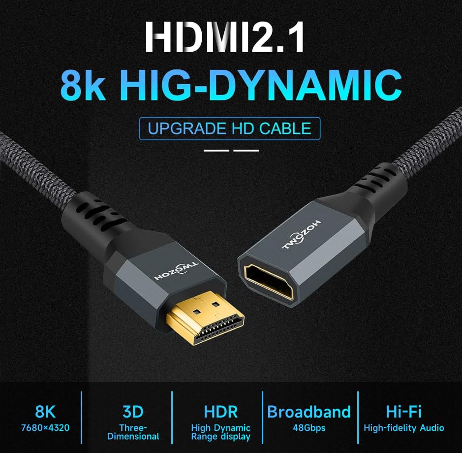 Twozoh 8K HDMI Extension Cable,2 Pack HDMI 2.1 Male to Female Cable, Nylon Braided HDMI Extender Cable Support 8K@60Hz 4K@120Hz 48gbps（1FT） - color: 8K 2-PACK, size: 1 FT