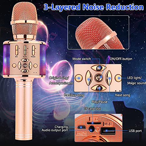 Amazmic Kids Karaoke Microphone Machine Toy Bluetooth Microphone Portable Wireless Karaoke Machine Handheld with LED Lights, Gift for Children Adults Birthday Party, Home KTV(Champagne) - color: Rose Gold Plus