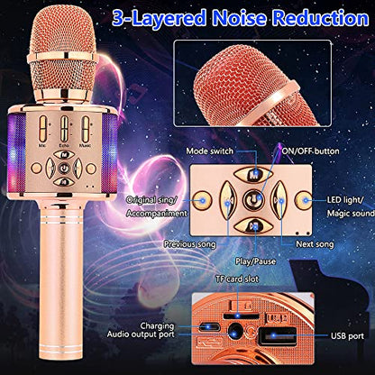 Amazmic Kids Karaoke Microphone Machine Toy Bluetooth Microphone Portable Wireless Karaoke Machine Handheld with LED Lights, Gift for Children Adults Birthday Party, Home KTV(Champagne) - color: Rose Gold Plus