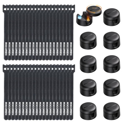 Rocoren 50 PCS Cable Management Kit 10 Magnetic Rotatable Cable Clips,40 Reusable Velcro Cord Organizer Straps, Cord Holder Accessories for Under Desk,Nightstand,Home and Office