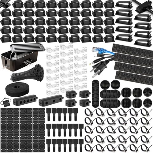 353 PCS Cable Management Kit - 1 Cable Management Box, 4 Cable Sleeve Split, 130 Adhesive Cable Clip, 17 Cable Holder, 1 Roll Cable Organizer Strap, 150 Cable Tie with 50 Mount, for Computer Desk TV