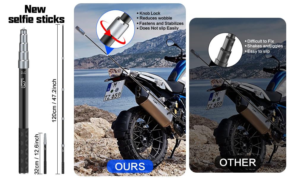 Taisioner Aluminum Alloy Motorcycle Handlebar Mount Double Clamp Locking Anti-Fall, 47" Invisible Selfie Stick for Insta360 X5/X4/X3/X2/ONE RS/GO 2/3 Hero 13-7 DJI Camera