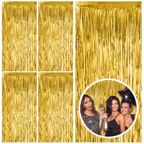 5 Pack Gold Fringe Curtain Backdrop Tinsel Streamers Birthday Party Decorations Christmas Photo Booth Backdrop Halloween New Year Graduation Baby Shower Theme Party Decorations - color: Gold, size: 39.4"w X 78.7"l (Pack of 5)
