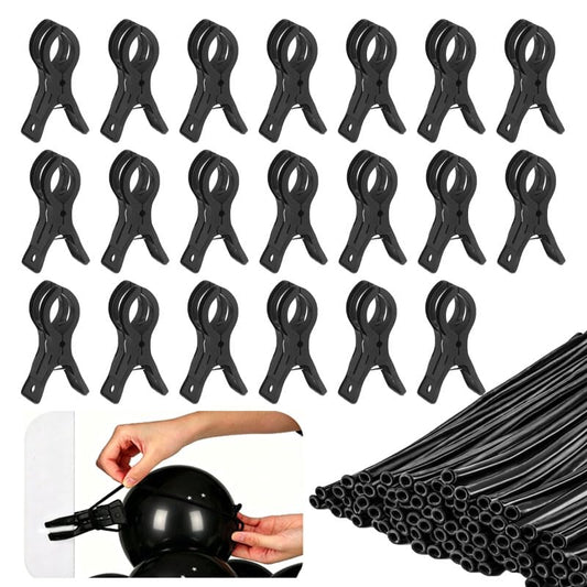20 Pack Clips for Balloon Arch & 100 Pcs Long Skinny Balloons - Black Heavy-Duty Clamps for Backdrop and Balloon Decoration Kit, Balloon Clips for Balloon Arch Birthday Party Crafts Photography Studio - color: 20 Black Clips + 100 Black Balloons