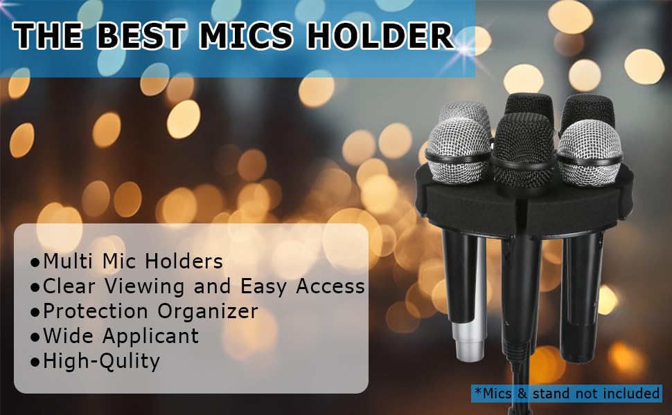 Multi Microphone Holder, Hold Up to 6 Microphones, Wired and Wireless Mic Holder for Stand, Aluminum, Black