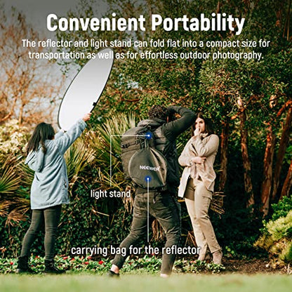 NEEWER 43"/110cm Light Reflector Kit, 5 in 1 Collapsible Round Reflector (Translucent/Silver/Gold/White/Black), Metal Clamp and 21"-43”/53-110cm Short Stand for Low Angle Studio Photography - style: 110cm w/Clamp&Stand