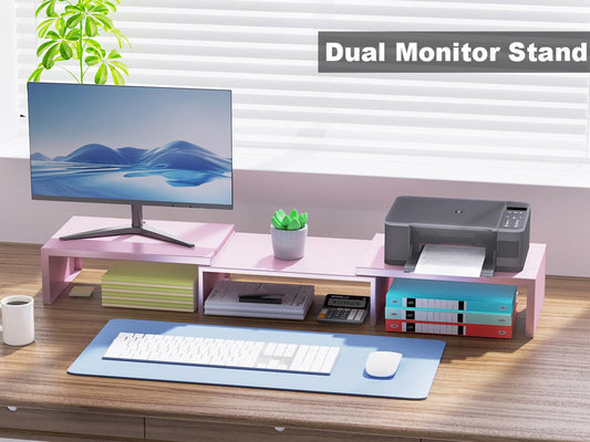 Dual Monitor Stand for Desk, Metal Monitor Riser, Pink office Supplies and Accessories (Pink) - color: Pink