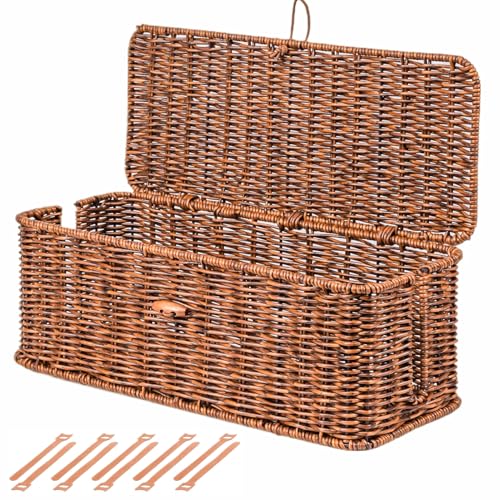 BROWNLILY Cable Management Box, Rattan Style Cord Organizer for Desk Cord Hider Outlet Covers for Power Strip TV PC Router Charger Under Desk Storage with Lockable Lid and Cable Ties - color: Brown, size: L