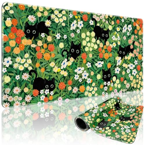 Cute Flower Cat Large Gaming Mouse Pad 31.5"x15.7", Flower XXL Desk Mat, Non-Slip Rubber Base & Stitched Edges Extended Mousepad for PC/Laptop/Office/Home Decor - color: Cat Floral