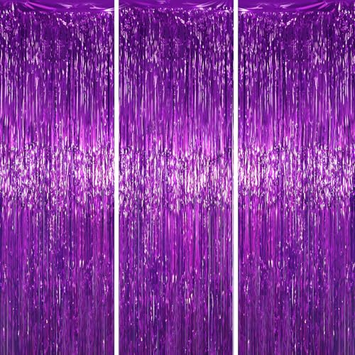 Voircoloria 3.3 x 6.6 ft Foil Fringe Backdrop Curtains, Tinsel Streamers Party Decorations, Fringe Backdrop for Birthday, Baby Shower, Gender Reveal, Graduation (3, Purple) - color: Purple