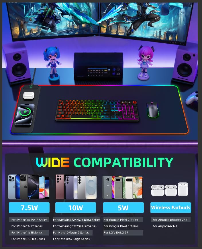 Upgraded Mouse Pad with Wireless Charging, RGB Gaming Desk Mat, 31.5"x15.7" Large XXL Desk Pad, 15 Light Modes, Ultra-Smooth Surface, Non-Slip Mouse Mat, Waterproof Computer Keyboard Pad, Black - color: Black Rgb - 31.5"x15.8"