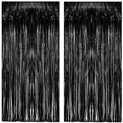 Black Tinsel Backdrop Curtain - GREATRIL Tinsel Curtain Party Backdrop Streamers for Wizard Birthdays/Stranger Theme/Doorway/Halloween Decorations Party - 2 Packs - color: Pure Black